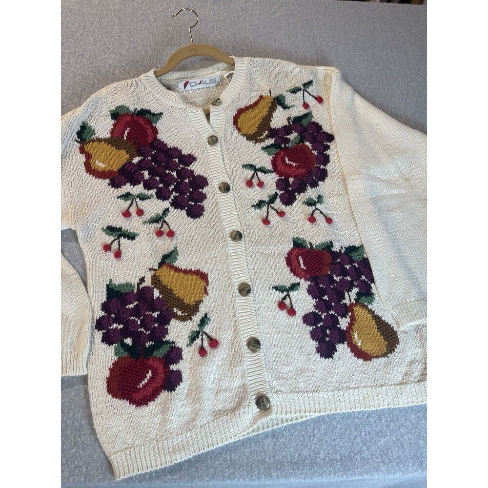 Chaus Fruit Sweater VTG Grandma Core Cherry Floral Women’s LG Ramie Cotton 90’s